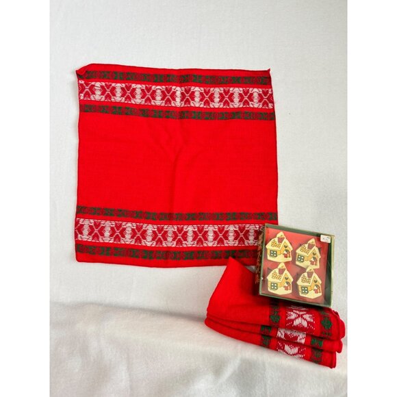 Vtg Set Of 4 Christmas Napkins & Rings Wooden Snowy Houses Embroidered - Picture 2 of 12